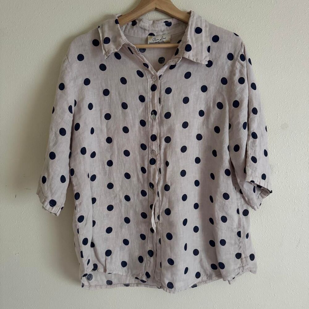 Puro Lino Italy 100% Linen Polka Dot Shirt Blouse Coastal Resort Matching Set